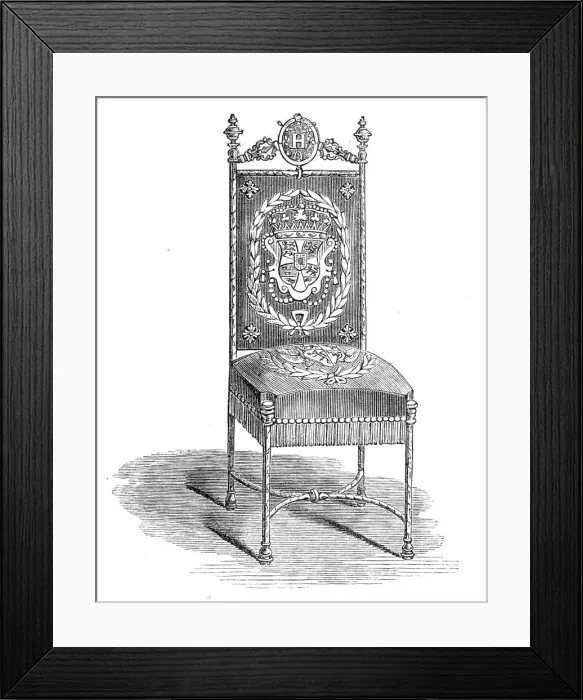Framed Print : Art Collections in the South Kensington Museum: steel chair, with arms of Anne of Denmark, 1869. Creator: Unknown Framed Print : Art Collections in the South Kensington Museum: steel chair, with arms of Anne of Denmark, 1869. Creator: Unknown