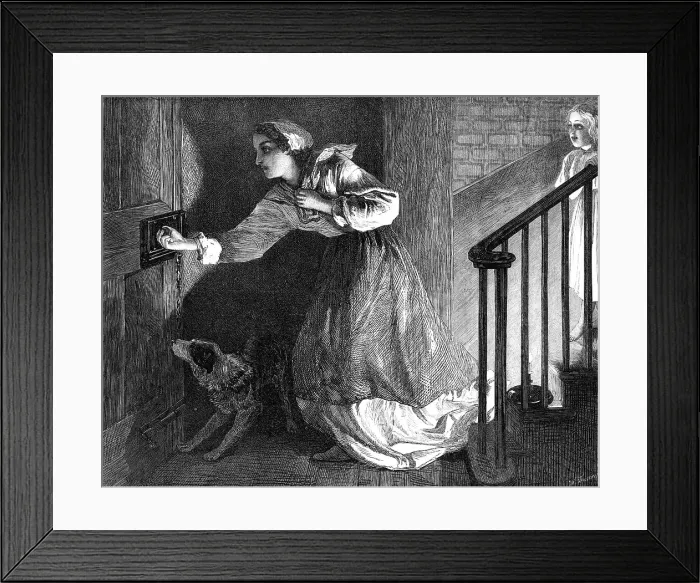 Framed Print : The Well-Known Knock, by R. Carrick, in the Exhibition at the French Gallery, Pall-Mall, 1869. Creator: W Thomas Framed Print : The Well-Known Knock, by R. Carrick, in the Exhibition at the French Gallery, Pall-Mall, 1869. Creator: W Thomas