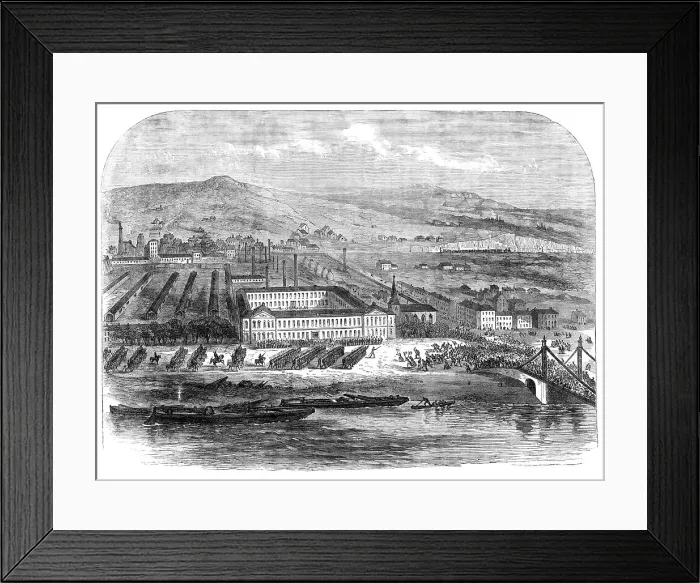 Framed Print : Conflict between workmen and soldiers at the Seraing Ironworks, Belgium, 1869. Creator: Unknown