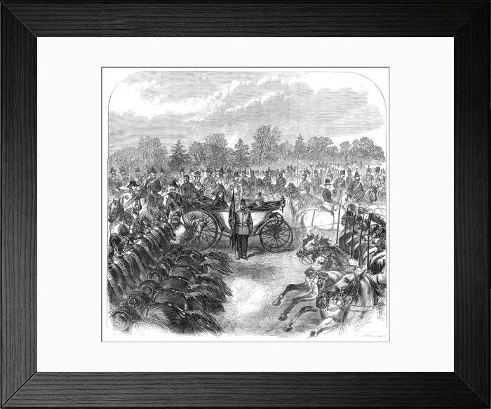 Framed Print : Inspection of Troops at Aldershott by the Queen: cavalry trotting past, 1868. Creator: Unknown Framed Print : Inspection of Troops at Aldershott by the Queen: cavalry trotting past, 1868. Creator: Unknown