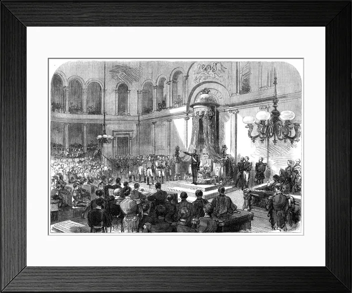 Framed Print : King Leopold II. taking the oath before the Belgian Senate and Chamber of Deputies... 1865. Creator: Unknown Framed Print : King Leopold II. taking the oath before the Belgian Senate and Chamber of Deputies... 1865. Creator: Unknown