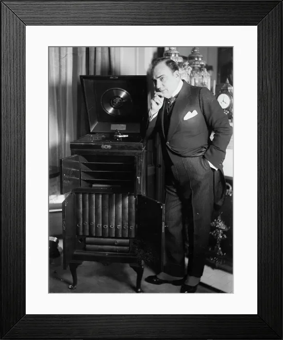 Framed Print : Enrico Caruso with phonograph, between 1918 and c1920. Creator: Bain News Service Framed Print : Enrico Caruso with phonograph, between 1918 and c1920. Creator: Bain News Service