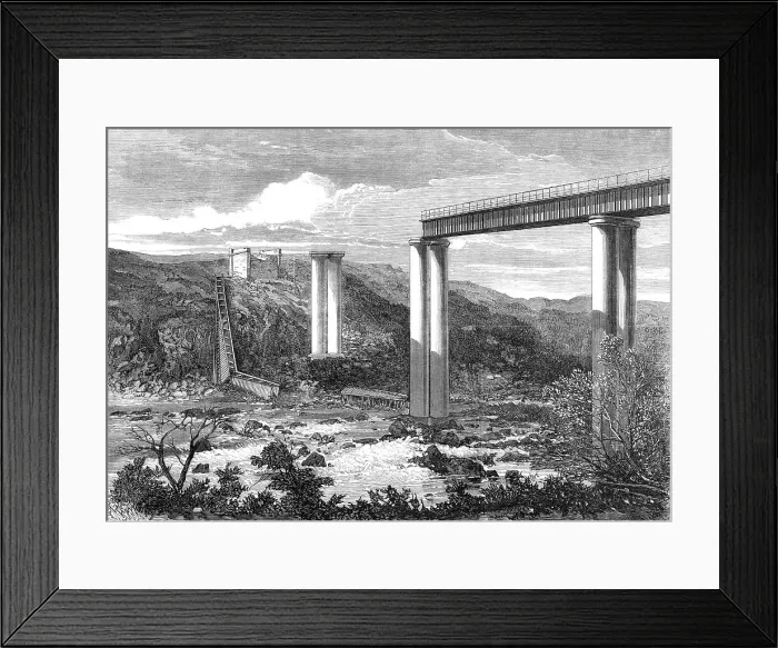 Framed Print : Grand River Railway-Bridge, Mauritius, destroyed by the late hurricane, 1868. Creator: Unknown Framed Print : Grand River Railway-Bridge, Mauritius, destroyed by the late hurricane, 1868. Creator: Unknown