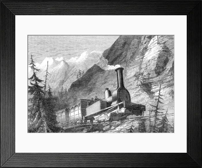 Framed Print : Locomotive engine, with horizontal extra wheels, for the Mont Cenis Railway, 1868. Creator: Unknown Framed Print : Locomotive engine, with horizontal extra wheels, for the Mont Cenis Railway, 1868. Creator: Unknown