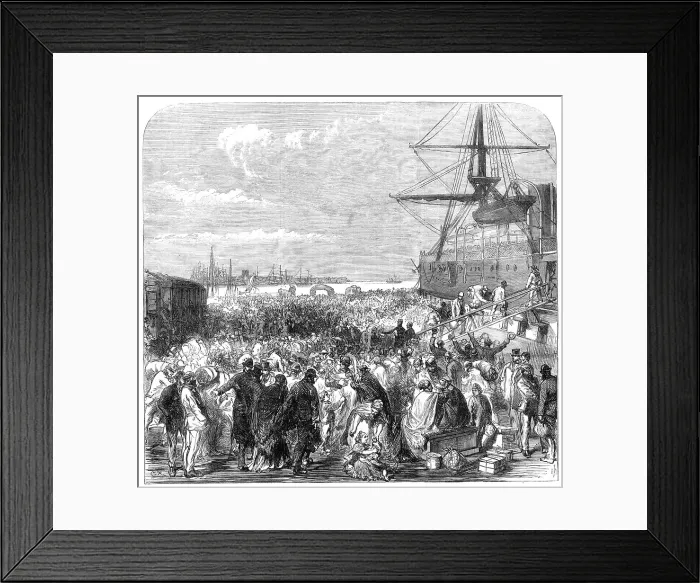 Framed Print : Embarkation of dockyard workmen as emigrants at Portsmouth, 1869. Creator: Unknown Framed Print : Embarkation of dockyard workmen as emigrants at Portsmouth, 1869. Creator: Unknown
