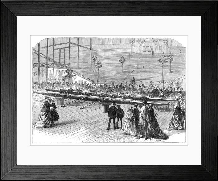 Framed Print : Exhibition of the Oxford and Cambridge boats at the Crystal Palace, 1869. Creator: Unknown Framed Print : Exhibition of the Oxford and Cambridge boats at the Crystal Palace, 1869. Creator: Unknown