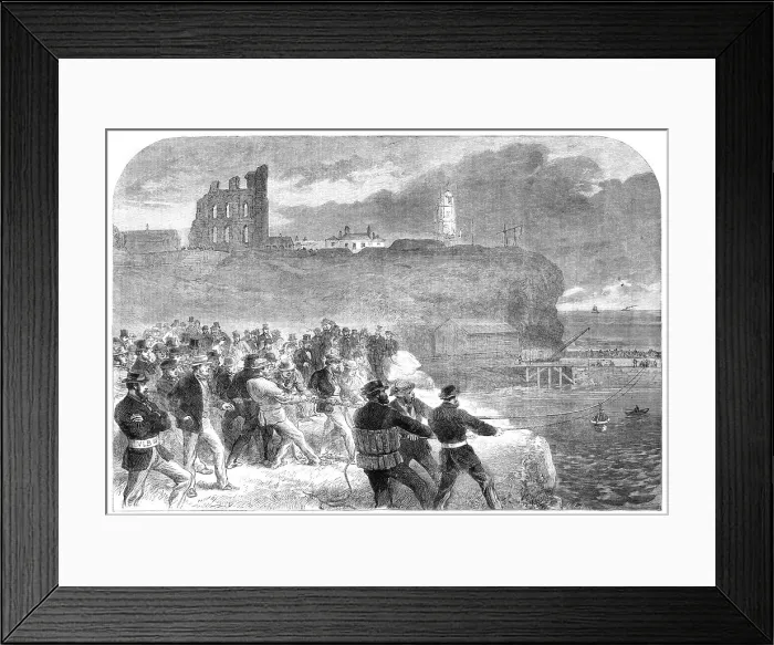 Framed Print : Rocket-line exercise of the Tynemouth Volunteer Life Brigade, 1865. Creator: Mason Jackson Framed Print : Rocket-line exercise of the Tynemouth Volunteer Life Brigade, 1865. Creator: Mason Jackson
