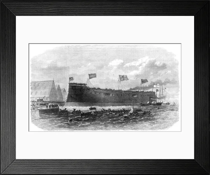 Framed Print : Our Iron-Clad Fleet: floating of Her Majesty's ship Hercules, at Chatham, 1868. Creator: Unknown Framed Print : Our Iron-Clad Fleet: floating of Her Majesty's ship Hercules, at Chatham, 1868. Creator: Unknown