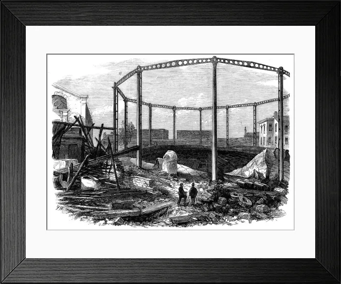 Framed Print : Ruins of the gasworks at Nine-Elms after the explosion, 1865. Creator: Unknown Framed Print : Ruins of the gasworks at Nine-Elms after the explosion, 1865. Creator: Unknown