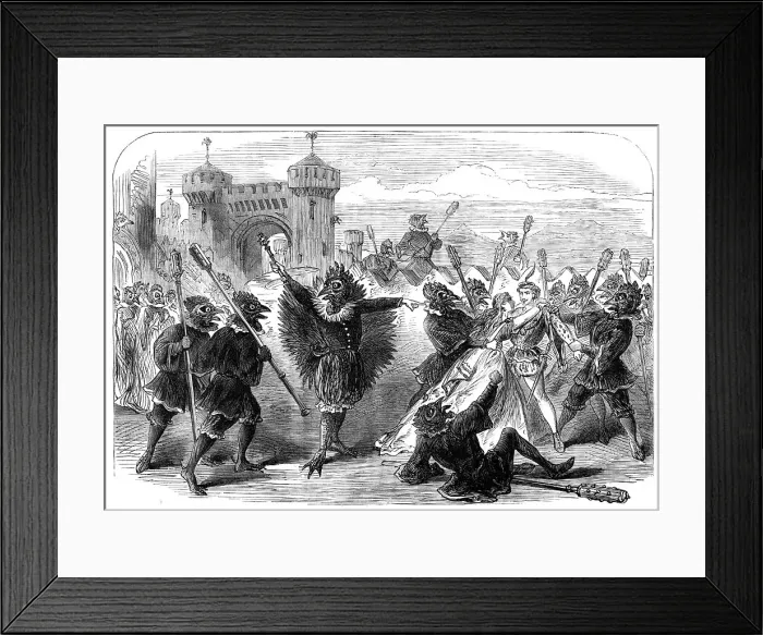 Framed Print : Scenes from the Christmas pantomimes:'Cock-a-Doodle-Doo - escape of Finfin and Rosytint... 1865 Creator: Unknown Framed Print : Scenes from the Christmas pantomimes:'Cock-a-Doodle-Doo - escape of Finfin and Rosytint... 1865 Creator: Unknown