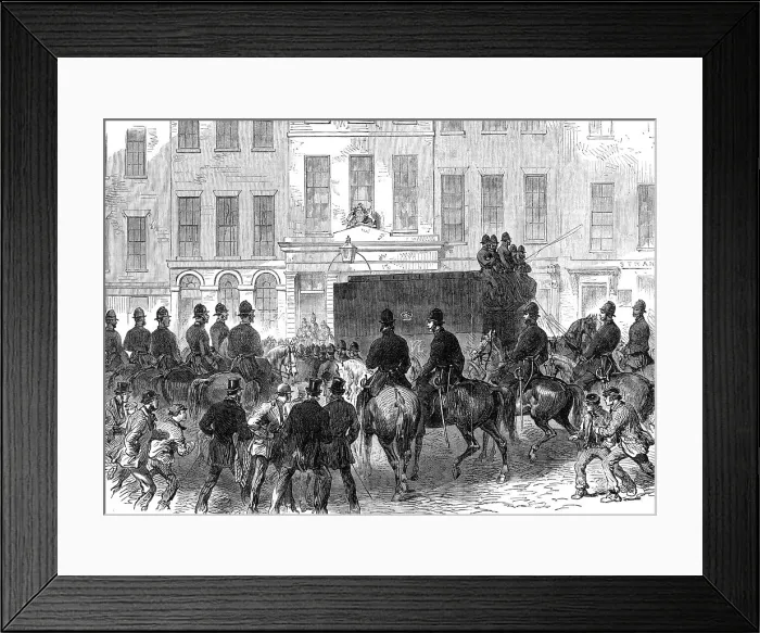 Framed Print : The Fenian Prisoners at the Bow-Street Police Court: removal of prisoners from the courthouse, 1868. Creator: Unknown Framed Print : The Fenian Prisoners at the Bow-Street Police Court: removal of prisoners from the courthouse, 1868. Creator: Unknown