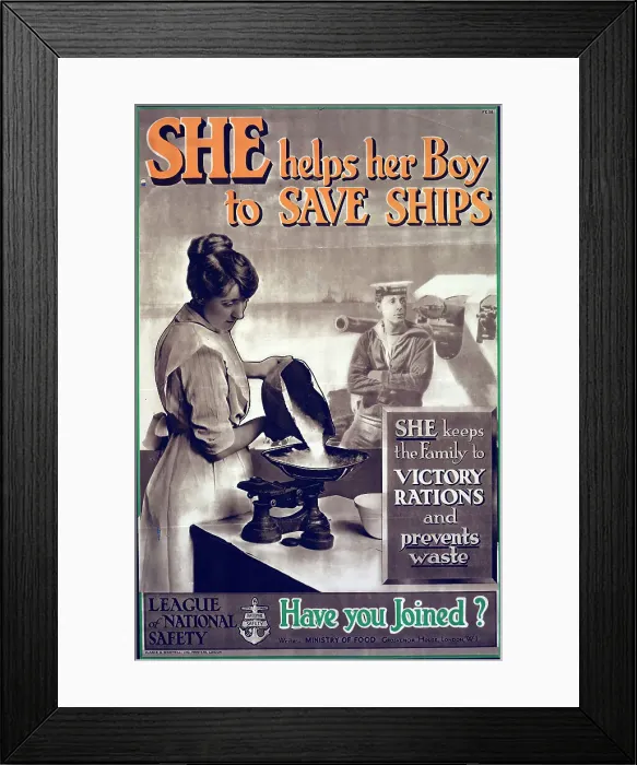 Framed Print : Poster, She helps her Boy to Save Ships, 1918. Creator: Clarke & Sherwell Framed Print : Poster, She helps her Boy to Save Ships, 1918. Creator: Clarke & Sherwell