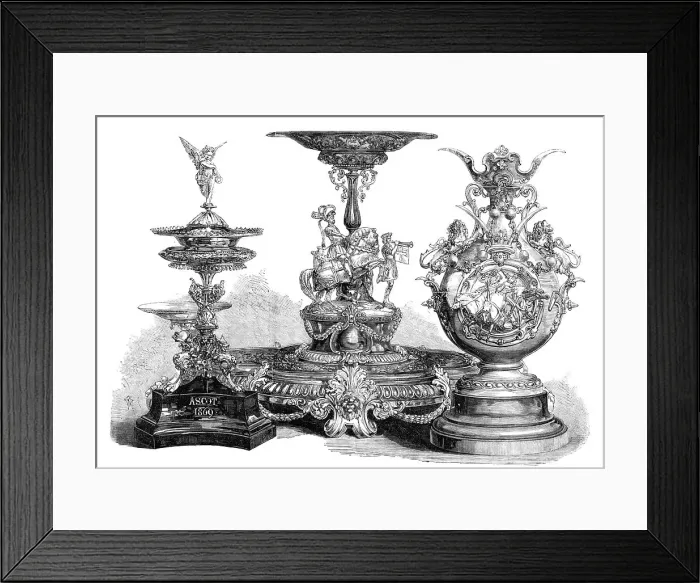 Framed Print : The Ascot Races Prize Plate: the Royal Hunt Cup, the Ascot Cup, the Queen's Gold Cup, 1869. Creator: Unknown Framed Print : The Ascot Races Prize Plate: the Royal Hunt Cup, the Ascot Cup, the Queen's Gold Cup, 1869. Creator: Unknown