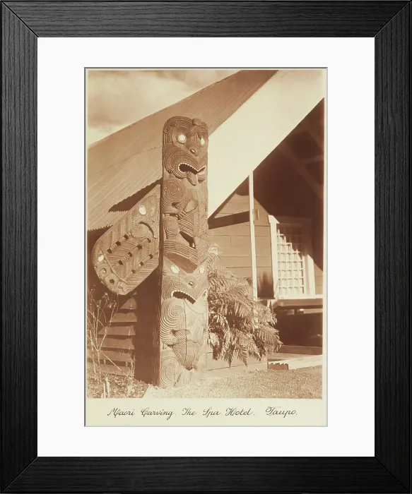 Framed Print : Maori carving, the Spa Hotel, Taupo. From the album: Record Pictures of New Zealand, 1920s. Creator: Harry Moult Framed Print : Maori carving, the Spa Hotel, Taupo. From the album: Record Pictures of New Zealand, 1920s. Creator: Harry Moult