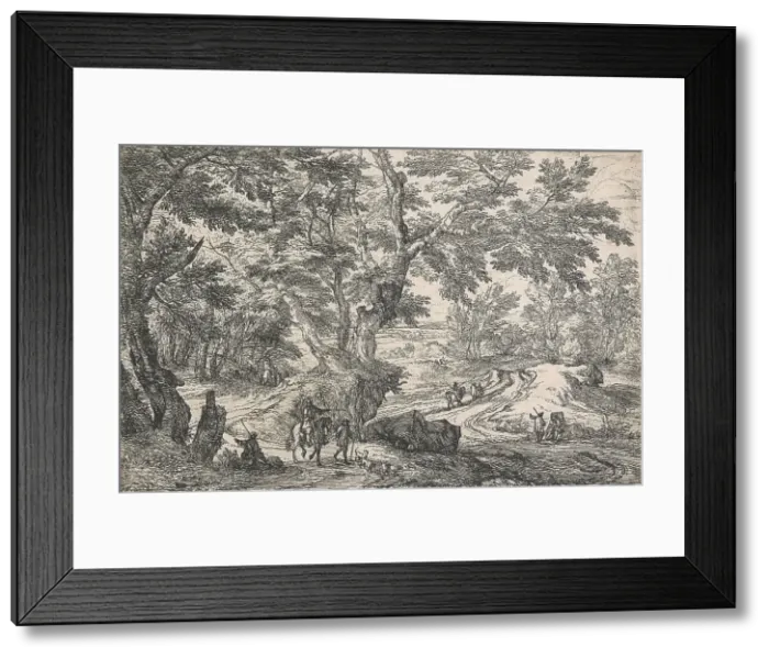 Framed Print : Landscape with, in left foreground, a man seated on the roadside on the edge of a wood...after 1667. Creator: Jan van Huchtenburg Framed Print : Landscape with, in left foreground, a man seated on the roadside on the edge of a wood...after 1667. Creator: Jan van Huchtenburg