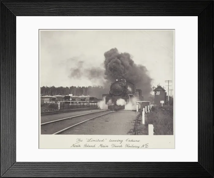 Framed Print : The Limited leaving Oakune (sic), North Island main trunk railway, N.Z. 1920s. Creator: Harry Moult Framed Print : The Limited leaving Oakune (sic), North Island main trunk railway, N.Z. 1920s. Creator: Harry Moult