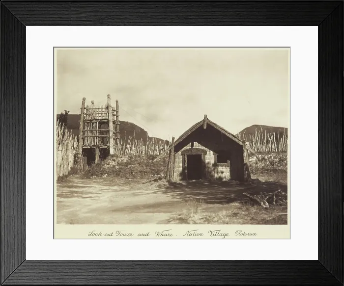 Framed Print : Look-out tower and whare, native village, Rotorua, 1920s. Creator: Harry Moult Framed Print : Look-out tower and whare, native village, Rotorua, 1920s. Creator: Harry Moult