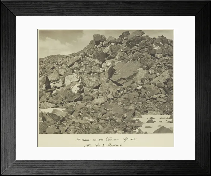 Framed Print : Moraine on the Tasman Glacier, Mt Cook district, 1920s. Creator: Harry Moult