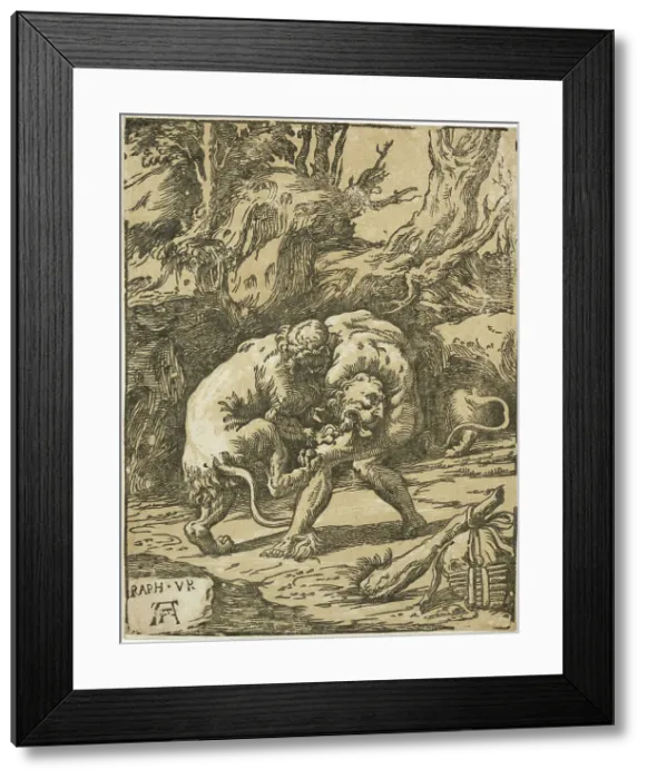 Framed Print : Hercules fighting the Nemean lion, 1540-1550. Creator: Niccolo Vicentino Framed Print : Hercules fighting the Nemean lion, 1540-1550. Creator: Niccolo Vicentino