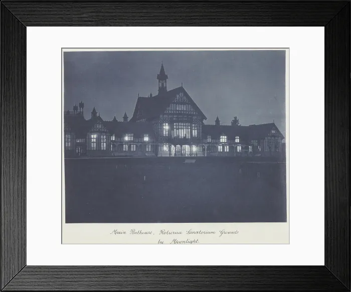 Framed Print : Main bathouse (sic), Rotorua Sanatorium grounds by moonlight, 1920s. Creator: Harry Moult