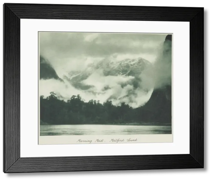 Framed Print : Morning mist, Milford Sound. From the album: Camera Pictures of New Zealand, 1920s. Creator: Harry Moult Framed Print : Morning mist, Milford Sound. From the album: Camera Pictures of New Zealand, 1920s. Creator: Harry Moult