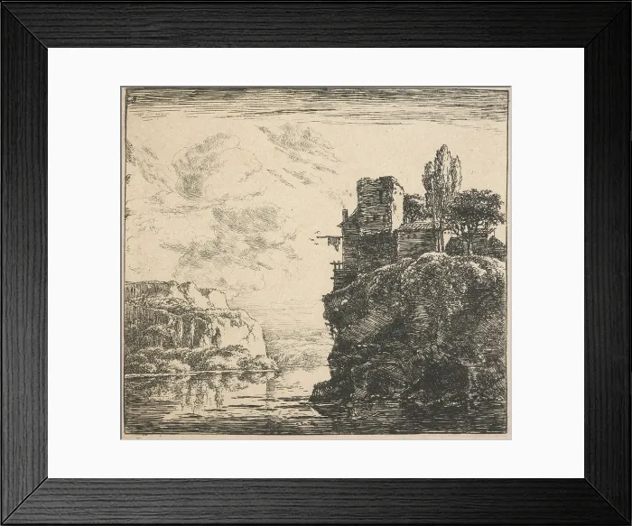 Framed Print : Eight landscapes. Plate 8: A house on a cliff overlooking a lake, 1640-51. Creator: Herman Naiwincx Framed Print : Eight landscapes. Plate 8: A house on a cliff overlooking a lake, 1640-51. Creator: Herman Naiwincx
