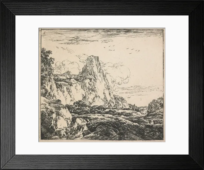 Framed Print : Eight landscapes. Plate 6. Mountainous landscape with tall cliffs, 1640-51. Creator: Herman Naiwincx Framed Print : Eight landscapes. Plate 6. Mountainous landscape with tall cliffs, 1640-51. Creator: Herman Naiwincx