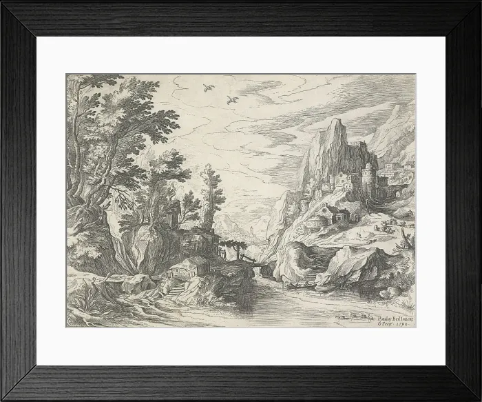 Framed Print : River landscape with a shepherd on a hill to the right. From: Views of the coast of Campania, 1590. Creator: Paul Brill Framed Print : River landscape with a shepherd on a hill to the right. From: Views of the coast of Campania, 1590. Creator: Paul Brill