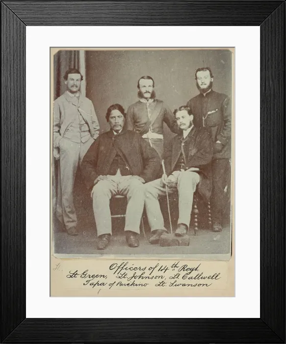 Framed Print : Officers of the 14th Regt. - Lt. Green, Lt. Johnston, Lt. Callwell, Tapa of Parikino... c.1900. Creator: William Francis Gordon Framed Print : Officers of the 14th Regt. - Lt. Green, Lt. Johnston, Lt. Callwell, Tapa of Parikino... c.1900. Creator: William Francis Gordon