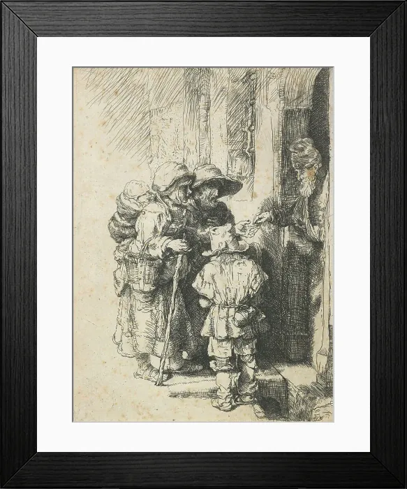 Framed Print : A blind hurdy-gurdy player and family receiving alms, reverse copy, after 1648. Creator: Unknown Framed Print : A blind hurdy-gurdy player and family receiving alms, reverse copy, after 1648. Creator: Unknown