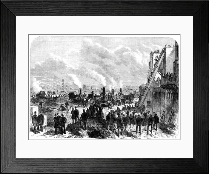 Framed Print : The London Fire Brigade at practice on the Thames Embankment, 1868. Creator: Unknown Framed Print : The London Fire Brigade at practice on the Thames Embankment, 1868. Creator: Unknown