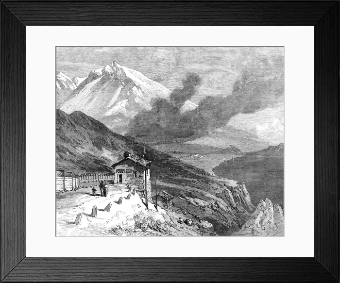 Framed Print : The new overland route to India: the railway over the Alps - summit of Mont Cenis and lake, 1869. Creator: Unknown Framed Print : The new overland route to India: the railway over the Alps - summit of Mont Cenis and lake, 1869. Creator: Unknown