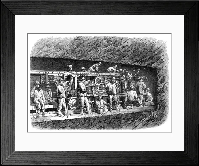 Framed Print : The new overland route to India and the railway tunnel of the Alps: boring-machine... 1869. Creator: Unknown Framed Print : The new overland route to India and the railway tunnel of the Alps: boring-machine... 1869. Creator: Unknown