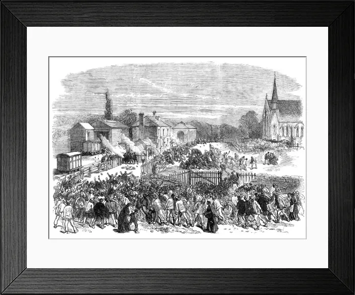 Framed Print : The Riot at Mold, Flintshire: attack on the soldiers at the railway station, 1869. Creator: Unknown Framed Print : The Riot at Mold, Flintshire: attack on the soldiers at the railway station, 1869. Creator: Unknown