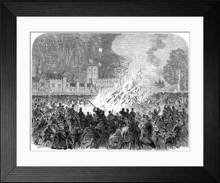 Framed Print : Visit of the Prince and Princess of Wales to Melford Hall, Suffolk: the bonfire on the Green, 1865. Creator: Unknown Framed Print : Visit of the Prince and Princess of Wales to Melford Hall, Suffolk: the bonfire on the Green, 1865. Creator: Unknown