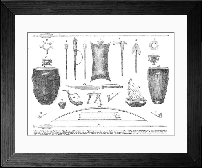 Framed Print : Weapons and implements of the tribes of Central Africa, visited by Mr. S. W. Baker, 1865. Creator: Unknown Framed Print : Weapons and implements of the tribes of Central Africa, visited by Mr. S. W. Baker, 1865. Creator: Unknown
