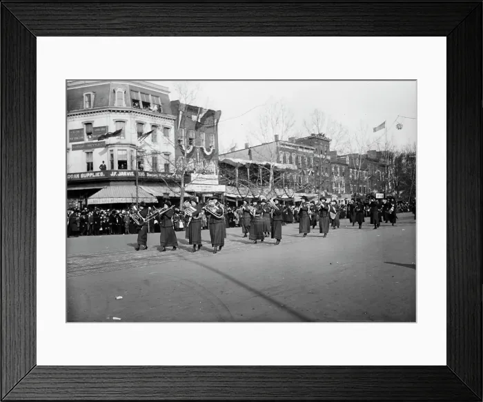 Framed Print : Woman band - Suffrage parade, 1913. Creator: Bain News Service Framed Print : Woman band - Suffrage parade, 1913. Creator: Bain News Service