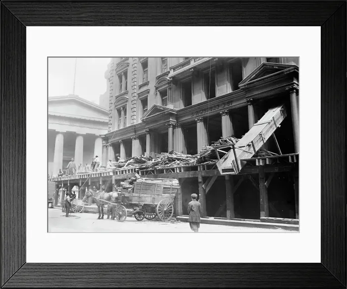 Framed Print : Tearing down Morgan offices, 1913. Creator: Bain News Service Framed Print : Tearing down Morgan offices, 1913. Creator: Bain News Service