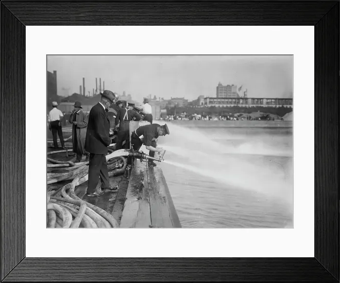 Framed Print : Testing stream from motor fire engines, 1913. Creator: Bain News Service Framed Print : Testing stream from motor fire engines, 1913. Creator: Bain News Service