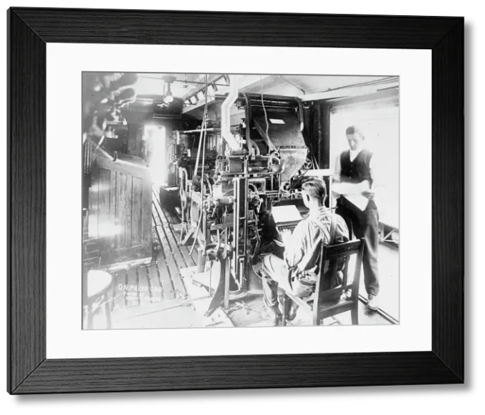 Framed Print : Linotype on press car, 1913. Creator: Bain News Service Framed Print : Linotype on press car, 1913. Creator: Bain News Service