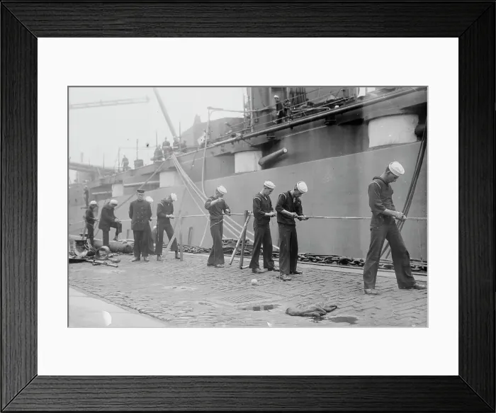 Framed Print : Getting deck lashings in shape -- NEW YORK, between c1910 and c1915. Creator: Bain News Service Framed Print : Getting deck lashings in shape -- NEW YORK, between c1910 and c1915. Creator: Bain News Service