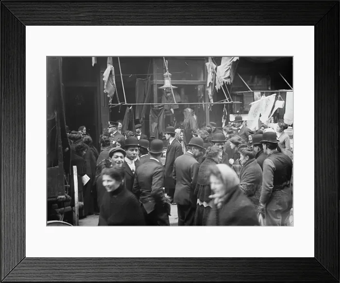 Framed Print : East side crowd discussing price of meat in front of shops, New York, 1910. Creator: Bain News Service Framed Print : East side crowd discussing price of meat in front of shops, New York, 1910. Creator: Bain News Service