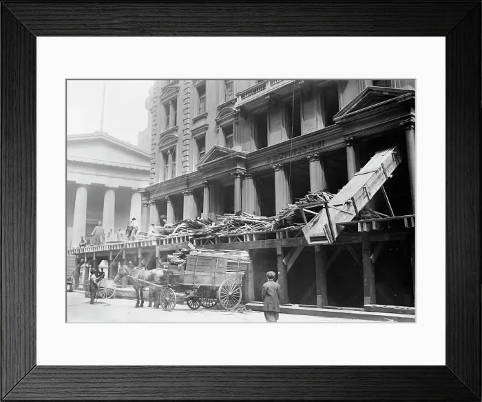 Framed Print : Tearing down Morgan offices, 1913. Creator: Bain News Service Framed Print : Tearing down Morgan offices, 1913. Creator: Bain News Service