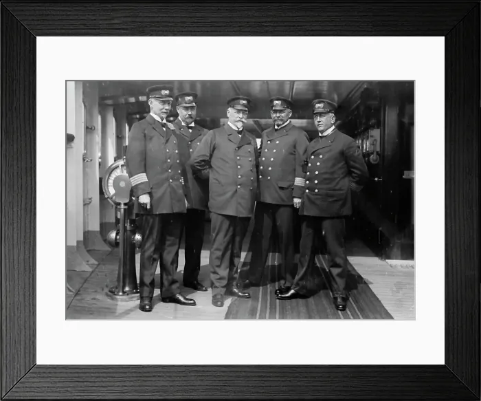 Framed Print : On the Imperator, Capt. H. von Meibom, Com. Ruser, Capt. A. Hoefer, Capt. H. Schetelig... 1913. Creator: Bain News Service Framed Print : On the Imperator, Capt. H. von Meibom, Com. Ruser, Capt. A. Hoefer, Capt. H. Schetelig... 1913. Creator: Bain News Service