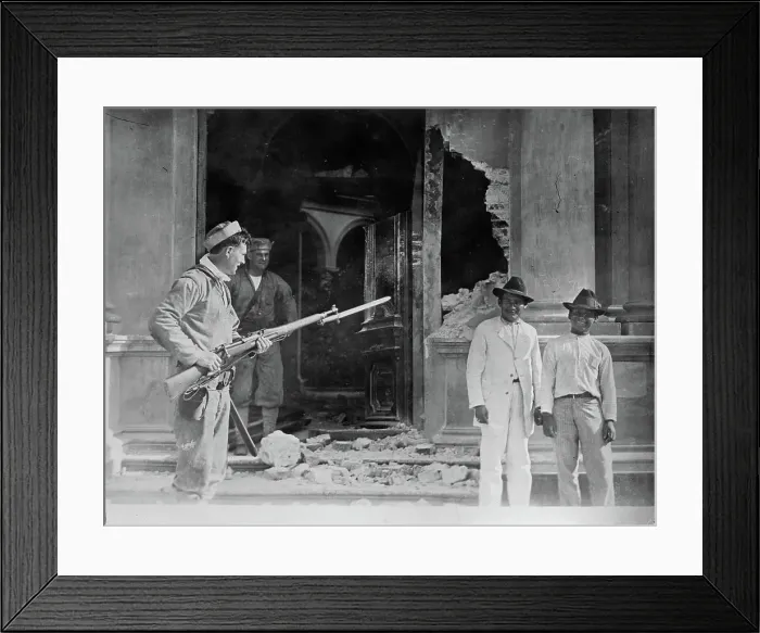 Framed Print : Vera Cruz: Front door of Naval Academy bombarded by CHESTER & PRAIRIE, 1914. Creator: Bain News Service Framed Print : Vera Cruz: Front door of Naval Academy bombarded by CHESTER & PRAIRIE, 1914. Creator: Bain News Service
