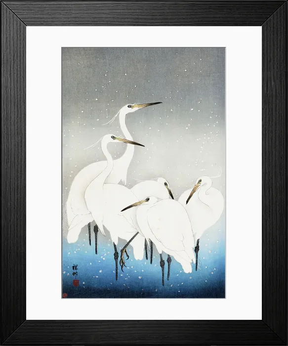 Framed Print : Five white egrets. 1927. Creator: Ohara Koson Framed Print : Five white egrets. 1927. Creator: Ohara Koson