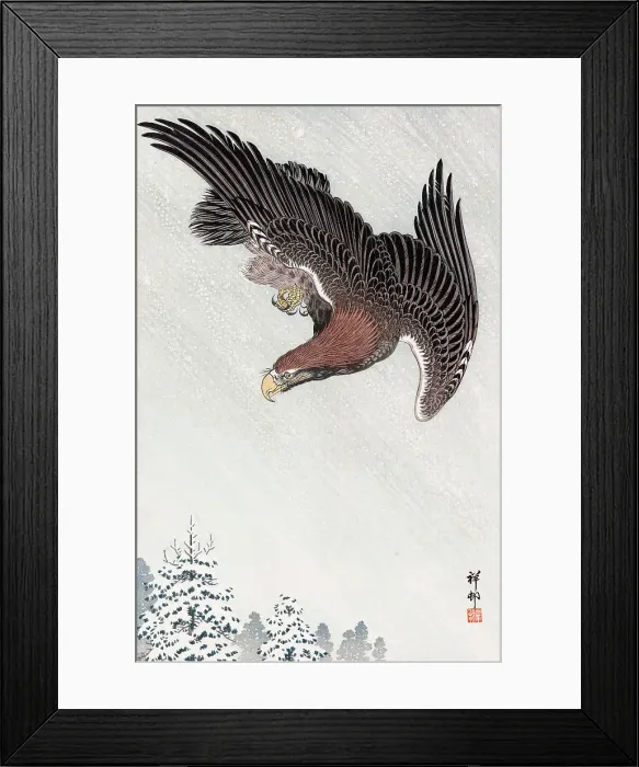 Framed Print : Eagle in flight against a snowy sky, c1933. Creator: Ohara Koson Framed Print : Eagle in flight against a snowy sky, c1933. Creator: Ohara Koson