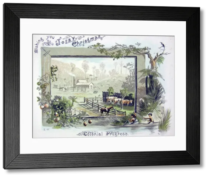 Framed Print : Christmas card, Colonial Progress, c1900s. Creator: Charles Henry Kennett Watkins Framed Print : Christmas card, Colonial Progress, c1900s. Creator: Charles Henry Kennett Watkins