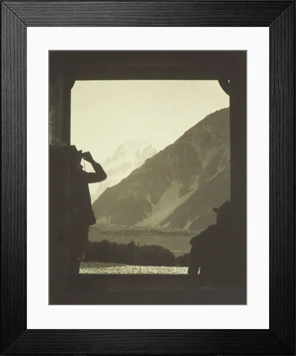 Framed Print : Mt Cook through the Hermitage doorway. From the album: Camera Pictures of New Zealand, 1920s. Creator: Harry Moult Framed Print : Mt Cook through the Hermitage doorway. From the album: Camera Pictures of New Zealand, 1920s. Creator: Harry Moult