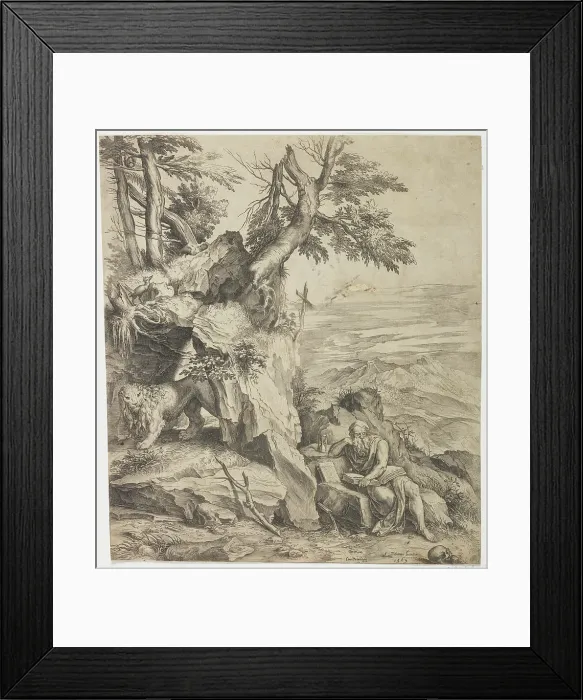 Framed Print : St Jerome reading in the desert, 1565. Creator: Cornelis Cort Framed Print : St Jerome reading in the desert, 1565. Creator: Cornelis Cort